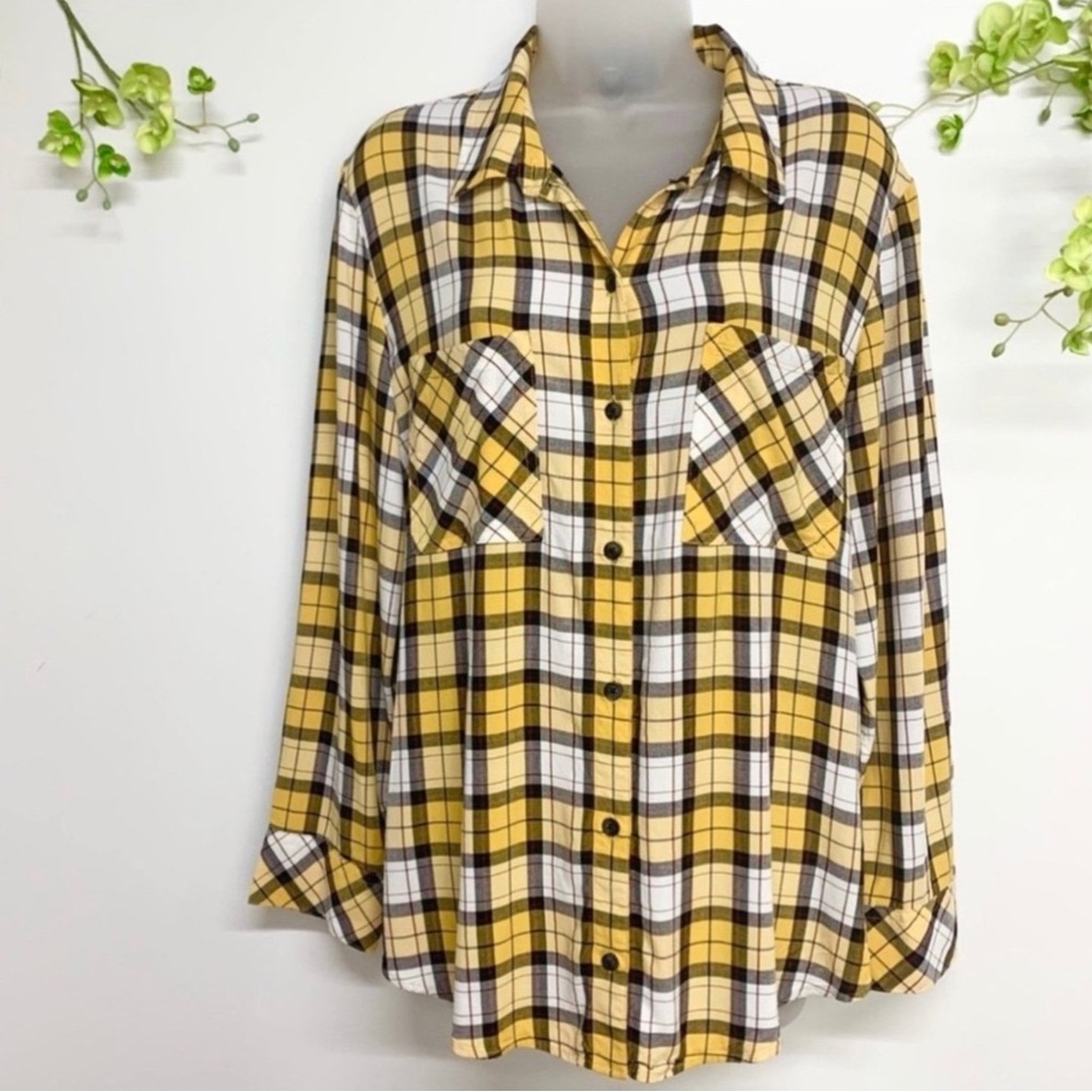 Sanctuary yellow and white plaid long sleeve button down shirt - Picture 2 of 6